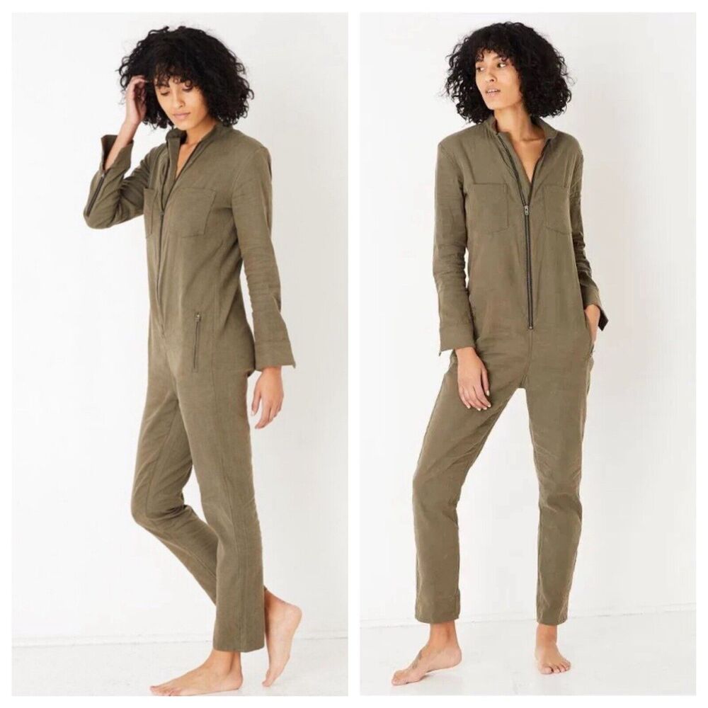 ASKK NY Zip Front Long Sleeve Utility Jumpsuit Linen Lyocell In Green Size 3